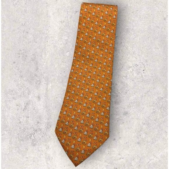 SALVATORE FERRAGAMO Silk Tie ITALY Orange Camel Elephant W:3.7" EUC - Picture 1 of 5
